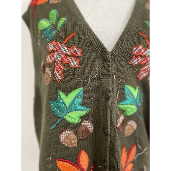 Vintage Plus 18 20 Fall Embroidered Sweater Vest Brown Button Front Leaves Acorn - Picture 2 of 10
